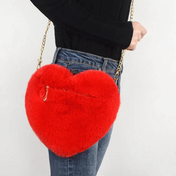 Fashion Women's Heart Shaped Handbags Cute Faux Fur Crossbody Bags  Lady Soft Plush Chain Shoulder Bag Shopper Totes