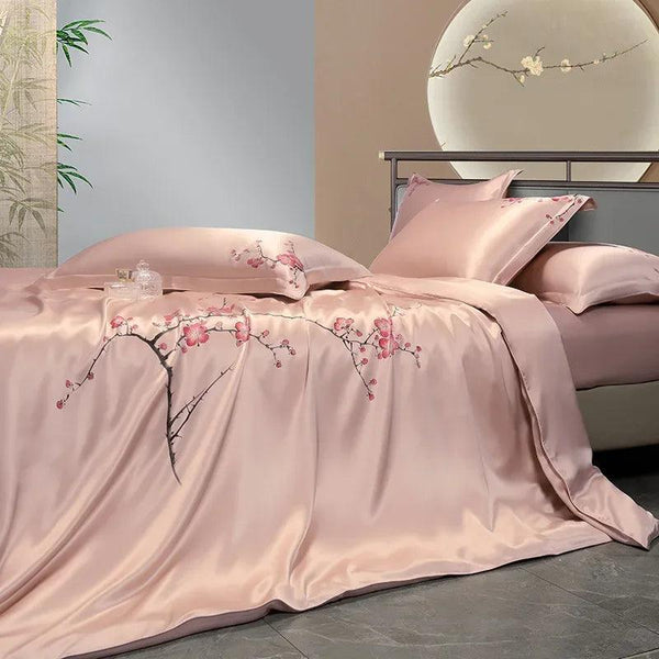25mm Mulberry Silk Flowers Bedding set Top Grade Luxury Mulberry Silk Soft Duvet Cover Bed sheet 2Pillowcases Double Queen King - Gifts for You 'n Me