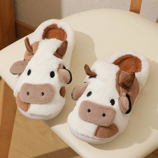 Plush Cartoon Cow Slippers for Warm Cozy Indoor Comfort