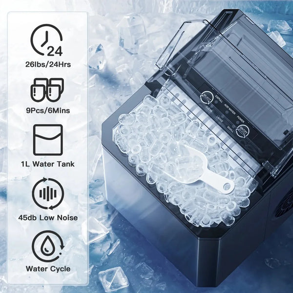 Countertop Ice Maker 26 lbs/24h 9 Cubes/6 Mins with Self-Cleaning Bullet Ice Maker for Home Office Bar Party,home appliance,bar