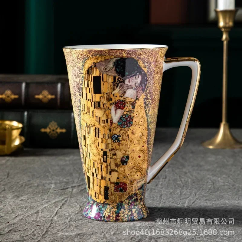 Klimt Kiss Bone China Mugs Coffee Cups With Spoon Gustav klimt Porcelain Wedding Birthday Gifts Office Household Drinkware