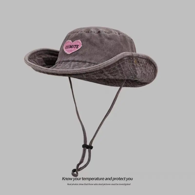 Japanese Retro Washed Cowboy Hats for Women Spring and Summer Outdoor Camping Sun Protection Sweet Pink Love Bucket Caps OneLoveCanada
