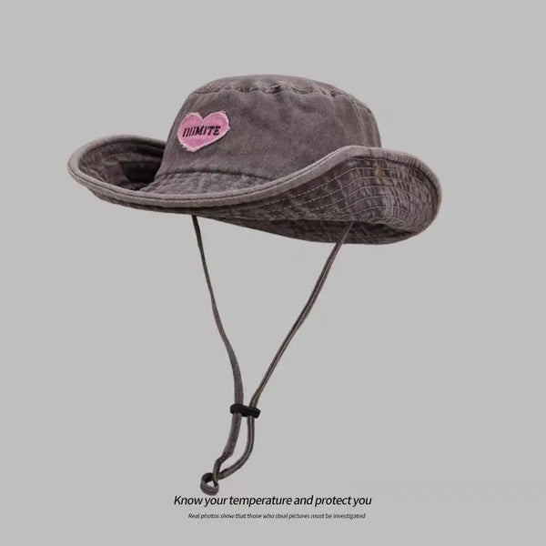 Japanese Retro Washed Cowboy Hats for Women Spring and Summer Outdoor Camping Sun Protection Sweet Pink Love Bucket Caps OneLoveCanada