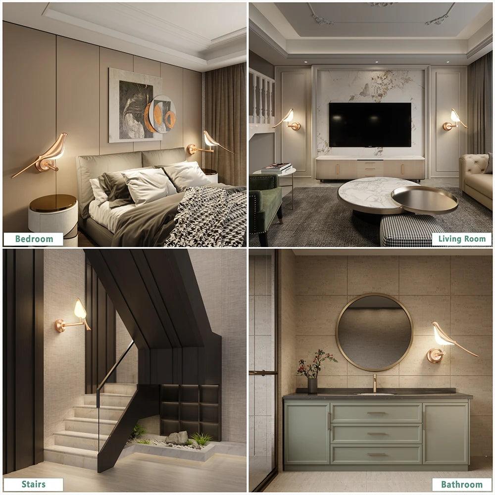 Nordic Wall Lights Rotatable Golden Bird LED Interior Wall Sconce Dimmable Acrylic Creative Wall Lamp Bedroom Bedside Night Ligh