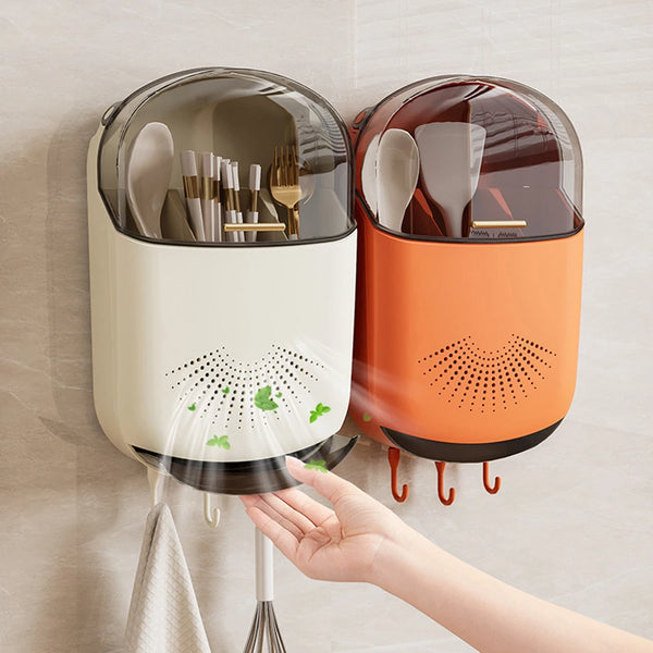 Kitchen Cutlery Storage Box Wall Mount Tableware Storage Holder with Lid Dustproof Spoon and Chopstick Organizer Drain Racks