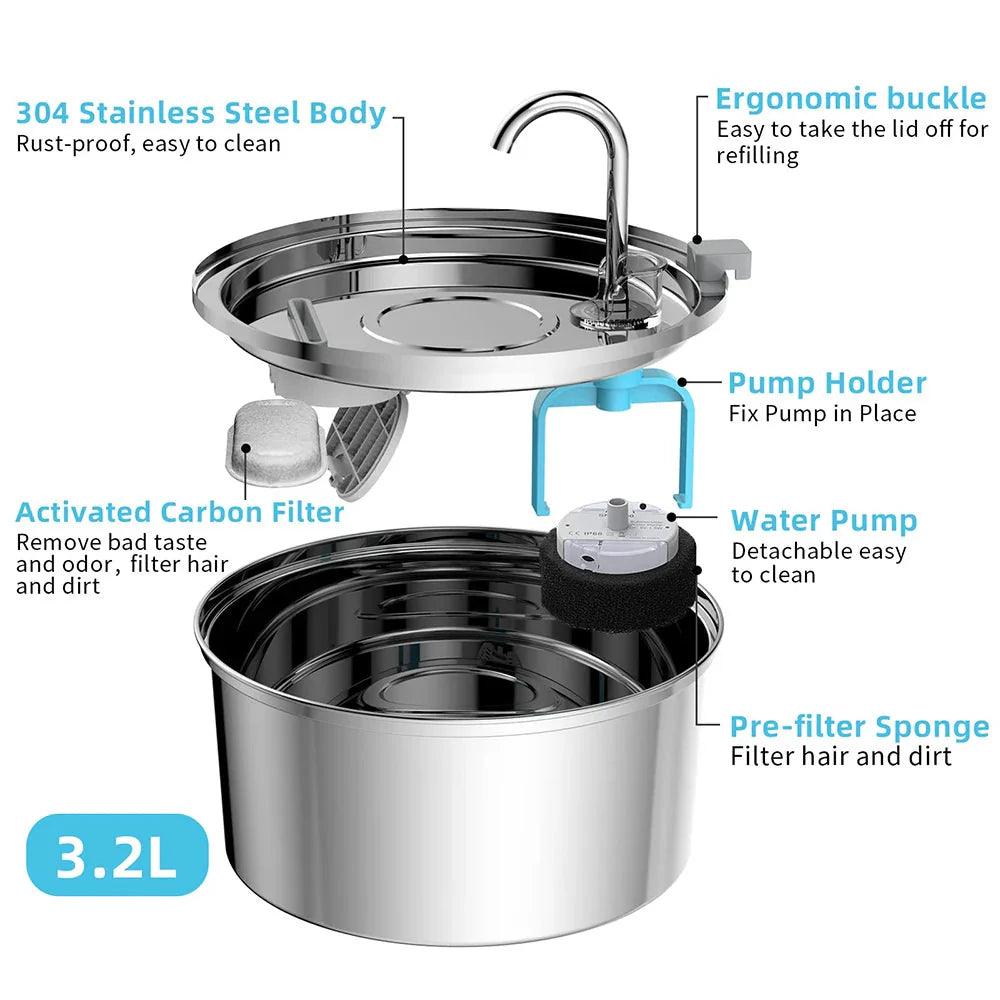 Stainless Steel Pet Water Fountain – USB Automatic Cat & Dog Bowl