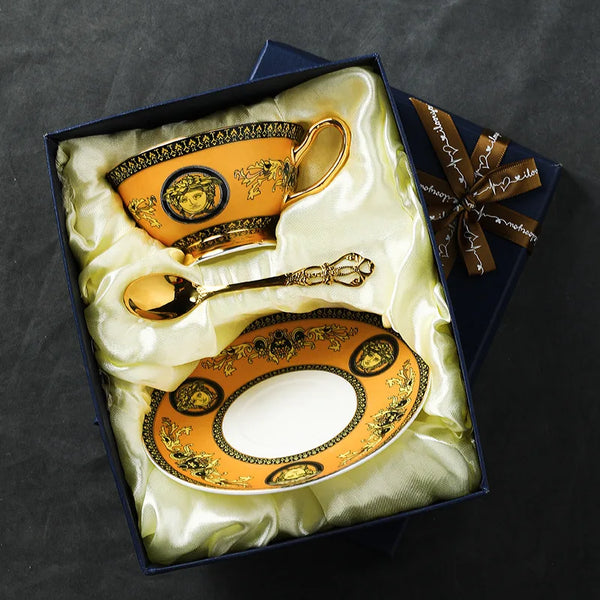 High value bone china retro European coffee cup saucer teacup ceramic water cup light luxury set wholesale business gifts