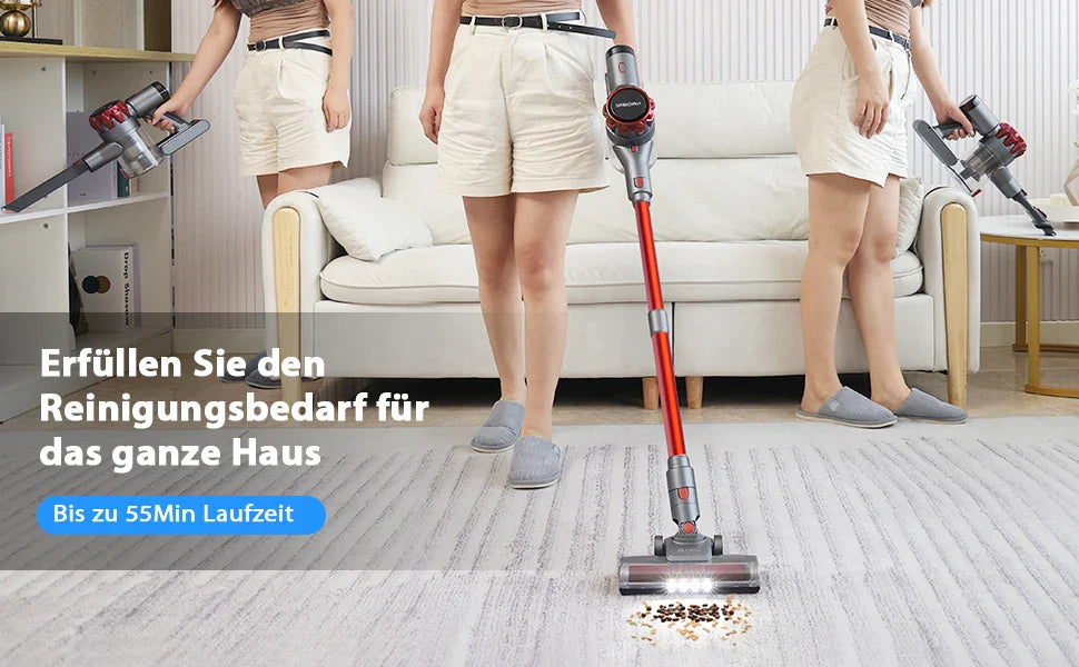Cordless vacuum cleaner in use across various home cleaning tasks. German text promotes 55-minute runtime and whole-house cleaning.