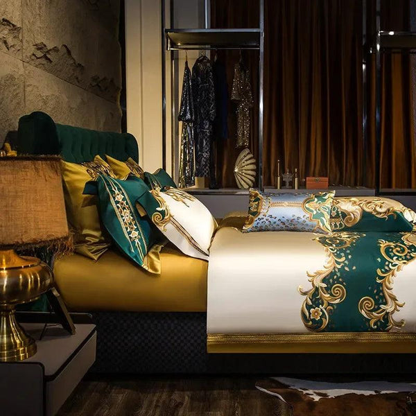 Gold and Green Satin Embroidery Patchwork Duvet Cover Queen King Luxury Royal Bedding Sets Cotton Bed Sheet Bedspread Pillowcase - Gifts for You 'n Me
