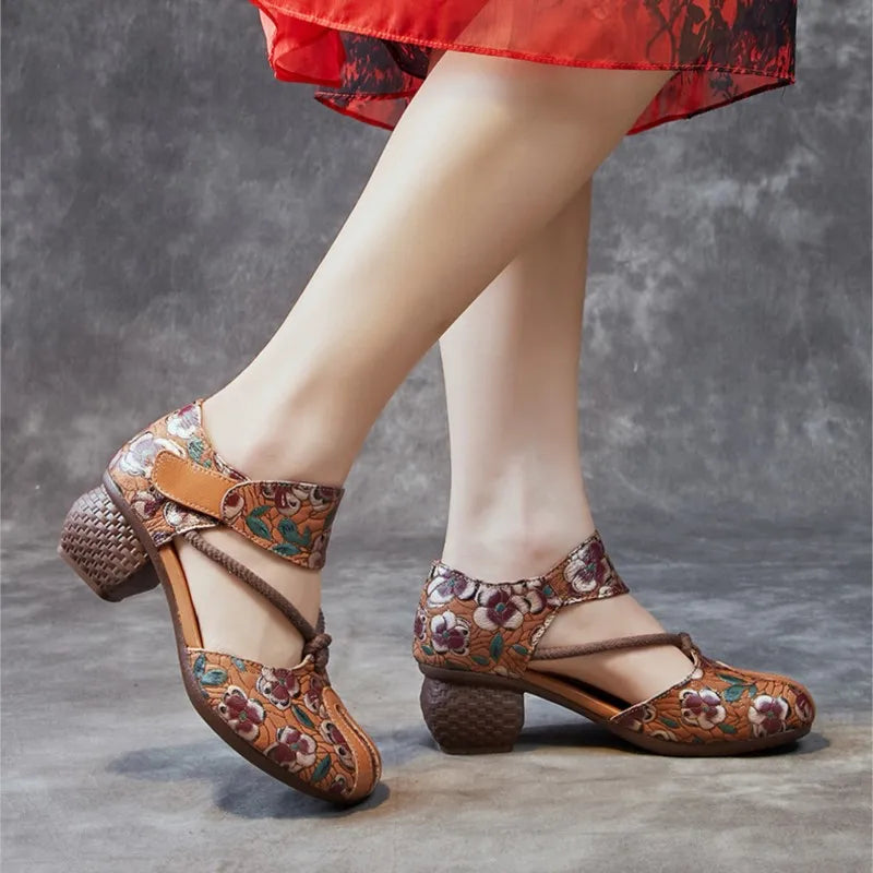 Genuine Leather Embossed Thick Heel Soft Soled Vintage Sandals