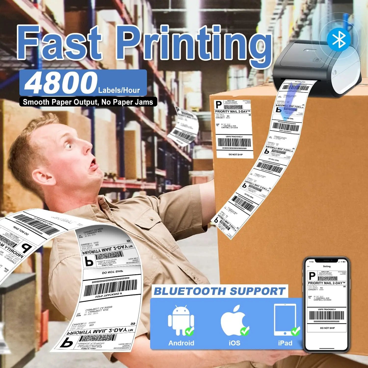 100x150mm Wireless Shipping Label Printer Wireless Thermal Label Printer for Small Shipping Business Packages 4x6