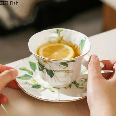 Elegant Camellia Painted Mugs Porcelain Cup&saucer Tableware Coffee Mug Dining Table Afternoon Tea Teacup Fruits Juice Cup