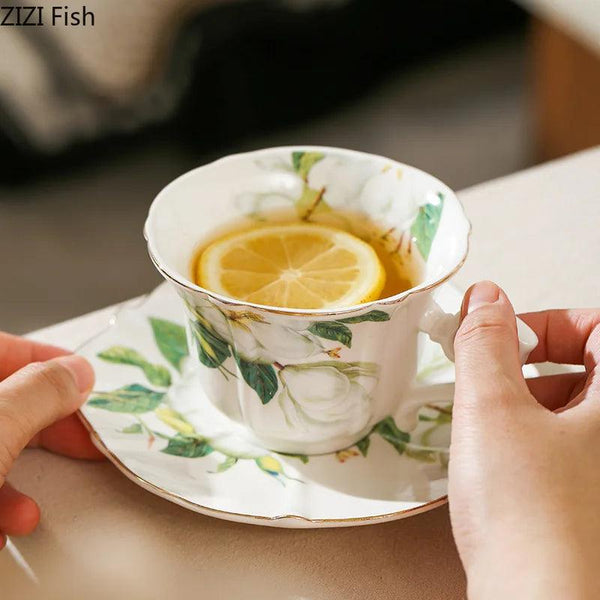 Elegant Camellia Painted Mugs Porcelain Cup&saucer Tableware Coffee Mug Dining Table Afternoon Tea Teacup Fruits Juice Cup