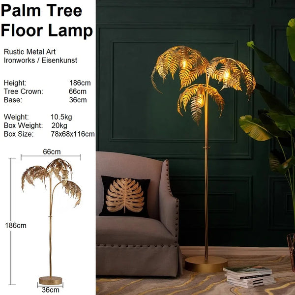180cm Metal Palm Tree Floor Lamp with Golden Finish / 3 Light Gold Tropical Tree