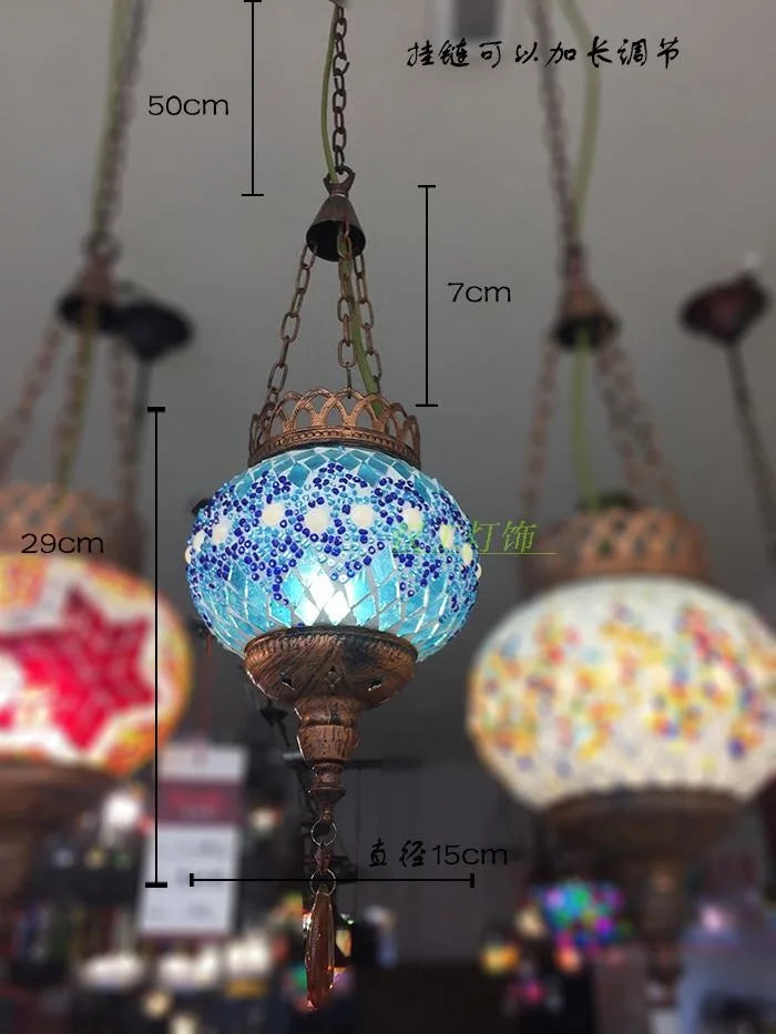 Turkish Rotundity Colorful Glass LED Chandelier Retro Iron Art Hanging Lamps Living Room Bedroom Restaurant Hotel Pendant Lights