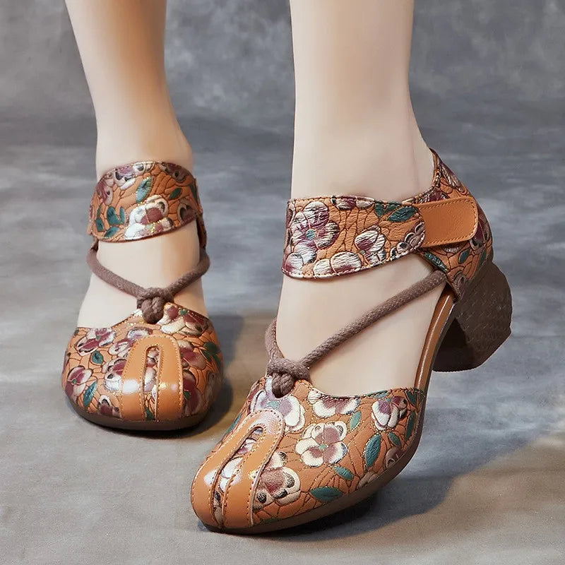 Genuine Leather Embossed Thick Heel Soft Soled Vintage Sandals
