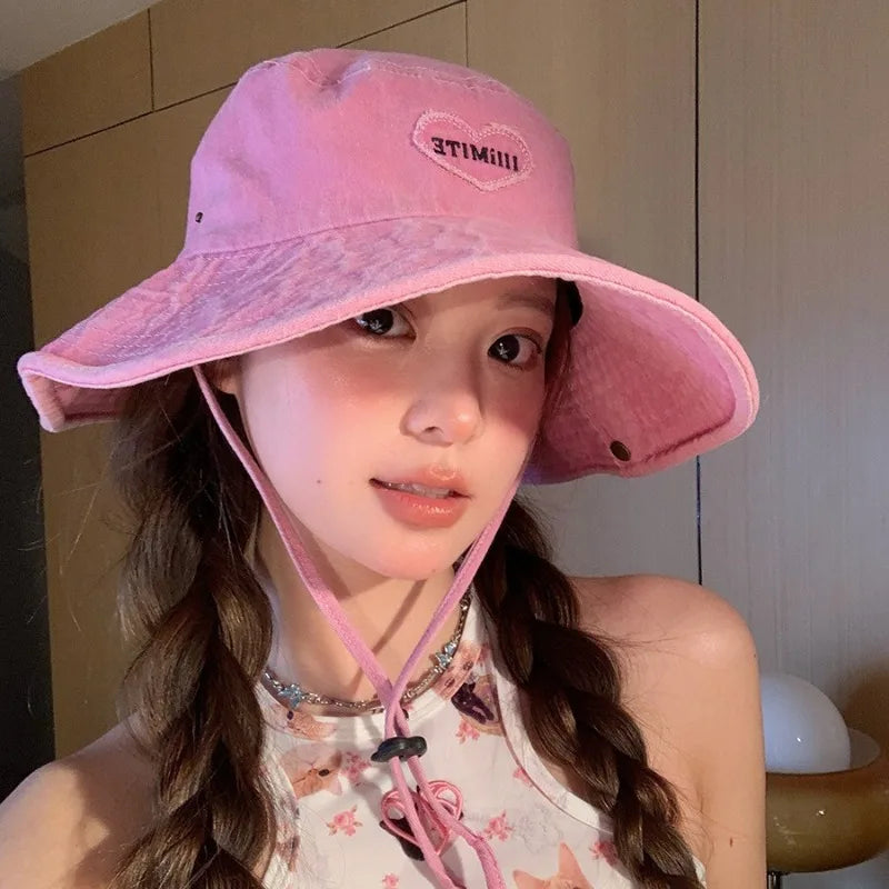 Japanese Retro Washed Cowboy Hats for Women Spring and Summer Outdoor Camping Sun Protection Sweet Pink Love Bucket Caps OneLoveCanada