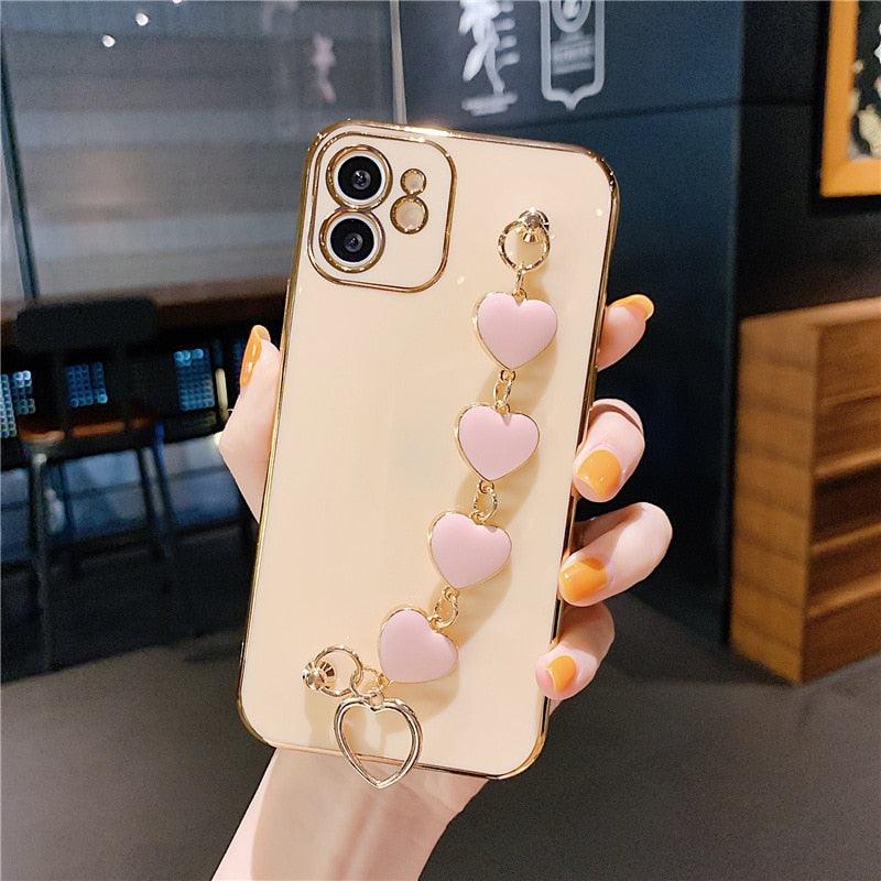 Luxury Women Silicone Phone Case Cover With Wrist Chain Bracelet for iPhone  Wristband Bracelet Hand Holder Cover for iPhone 13 12 11 Pro Max plating Case Heart Chain Cases for iPhone 7 8 Plus XR XS Max X