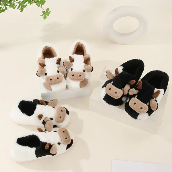 Plush Cartoon Cow Slippers for Warm Cozy Indoor Comfort