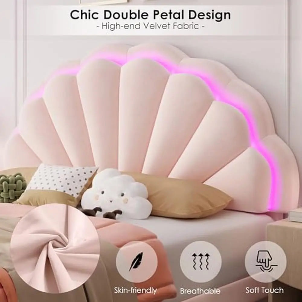 Adjustable Pink LED Upholstered Bed Frame with Storage Drawers Full Size Modern Princess Platform Bed Double Petal Headboard &