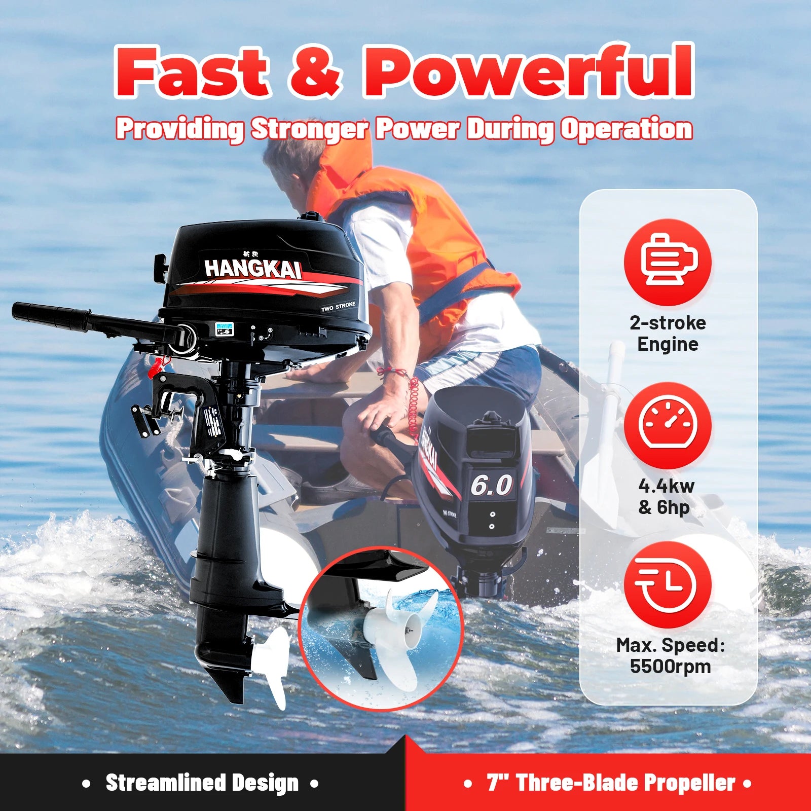 HANGKAI 6HP 2Stroke Outboard Motor Fishing Boat Engine Water Cooling CDI System