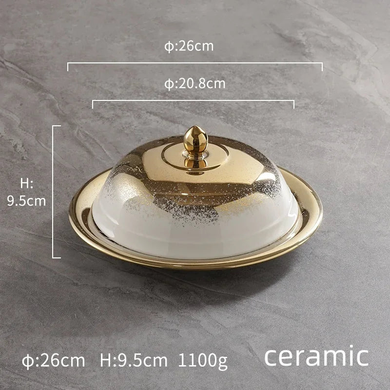 Ceramic high-end golden gold round ceramic tray Piring ASalad Steak Mewah Keramik Makanan Barat Eropa Piring Steak dinner plate