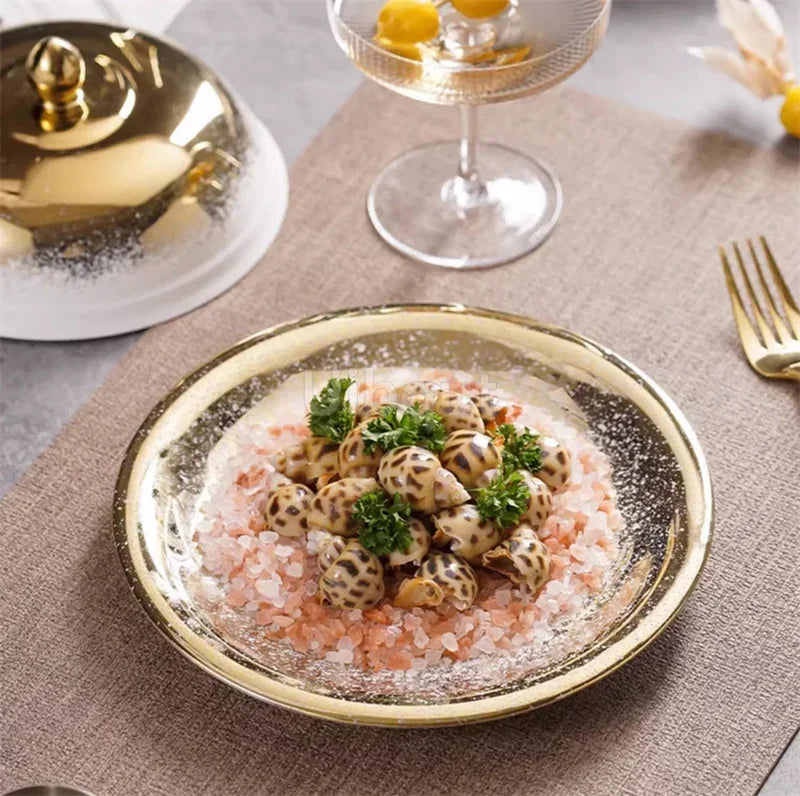 Ceramic high-end golden gold round ceramic tray Piring ASalad Steak Mewah Keramik Makanan Barat Eropa Piring Steak dinner plate