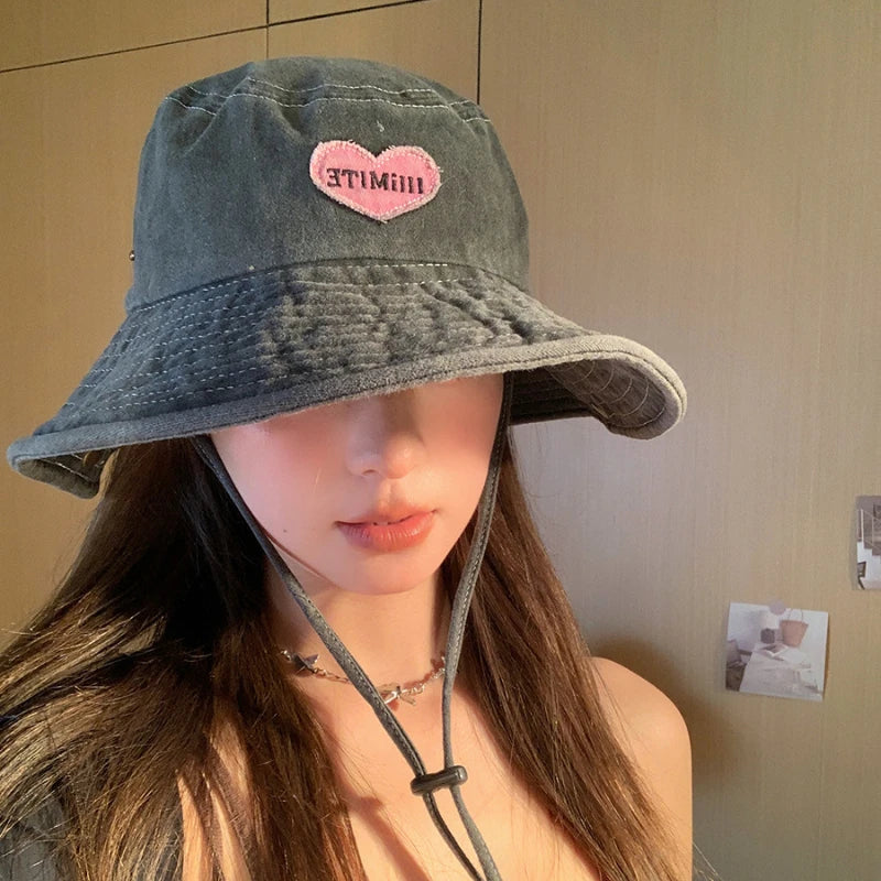 Japanese Retro Washed Cowboy Hats for Women Spring and Summer Outdoor Camping Sun Protection Sweet Pink Love Bucket Caps OneLoveCanada