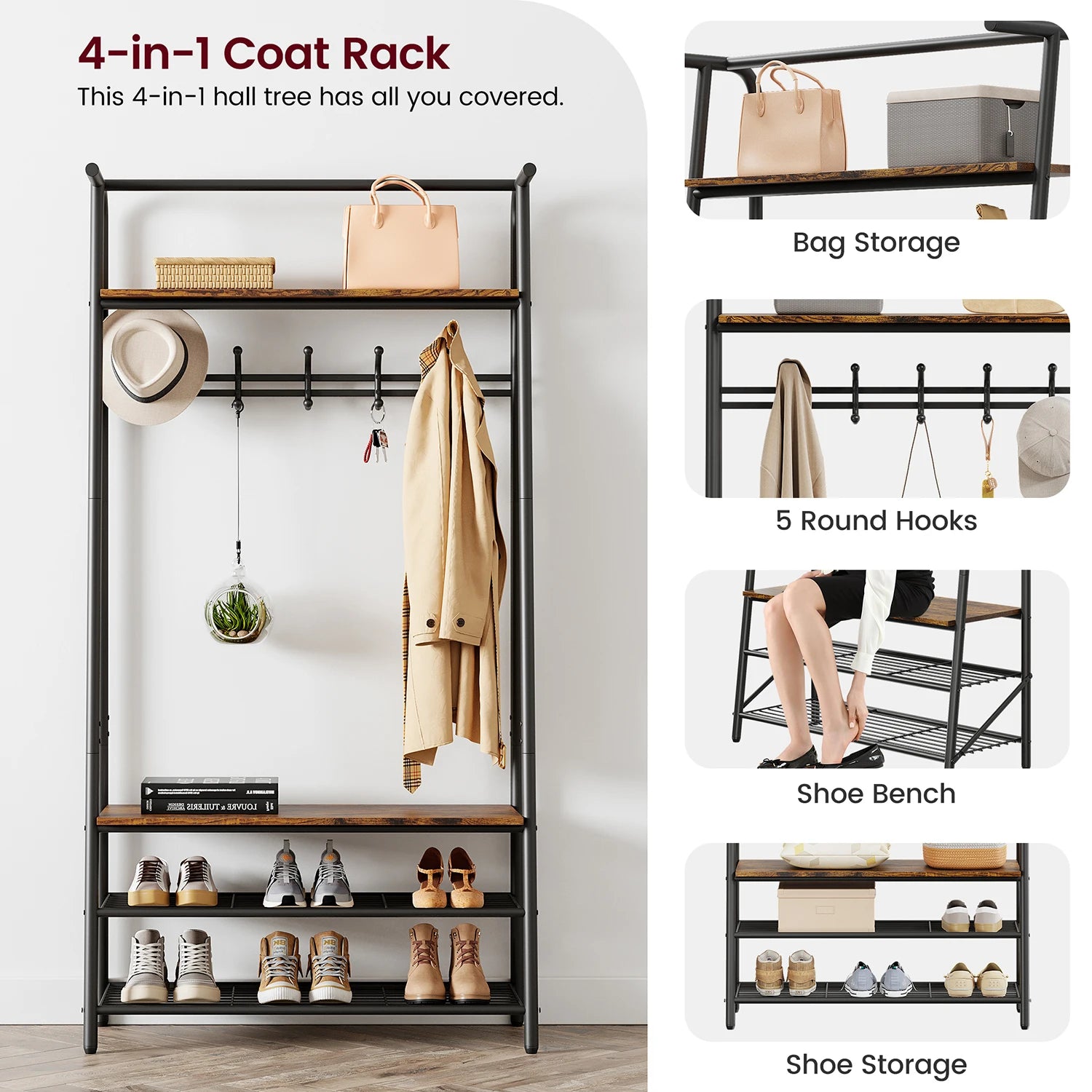 Coat Rack Shoe Bench, 4-in-1 Hall Trees Entryway Bench with Coat Rack and Shoe Rack, Steel Frame Storage Shelf and Hanging Bar