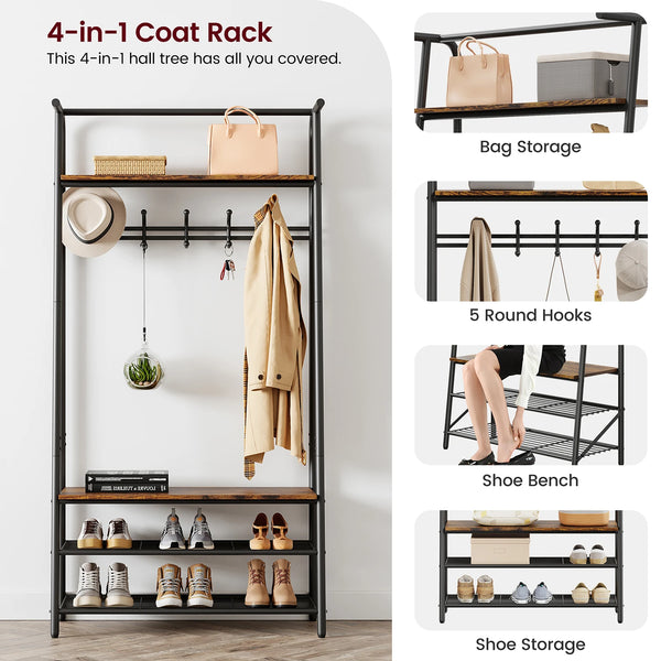 Coat Rack Shoe Bench, 4-in-1 Hall Trees Entryway Bench with Coat Rack and Shoe Rack, Steel Frame Storage Shelf and Hanging Bar