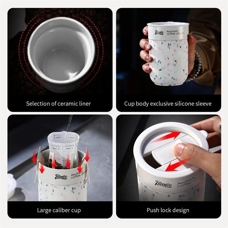 BINCOO Ceramic-lined Coffee Mug Thermal Cup Insulated Coffee Cup Portable for Office Travel and Outdoor 300ML