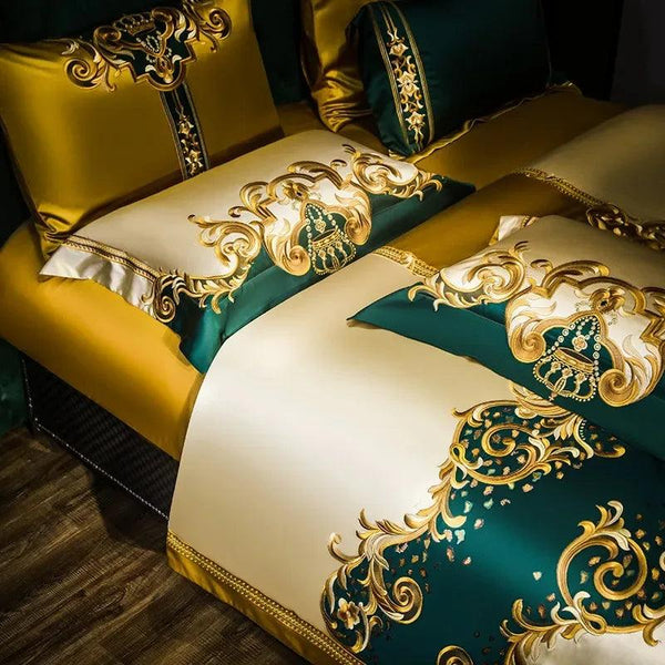 Gold and Green Satin Embroidery Patchwork Duvet Cover Queen King Luxury Royal Bedding Sets Cotton Bed Sheet Bedspread Pillowcase - Gifts for You 'n Me