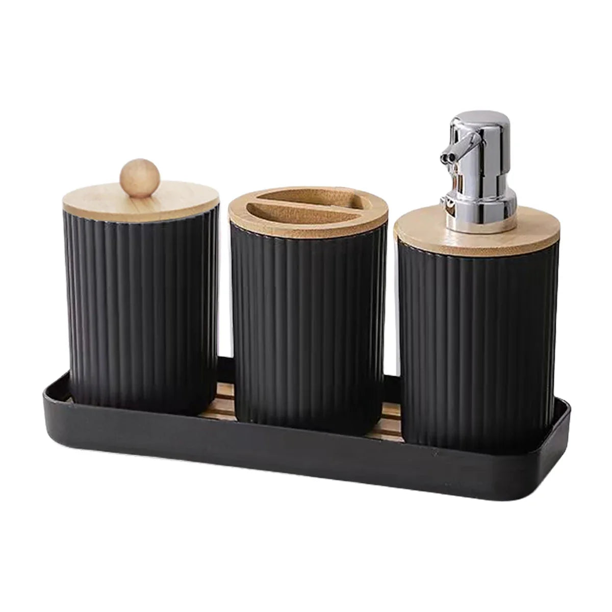 Complete Buddify black bathroom accessories set with soap dispenser, toothbrush holder, and cotton jar on tray with bamboo lids.