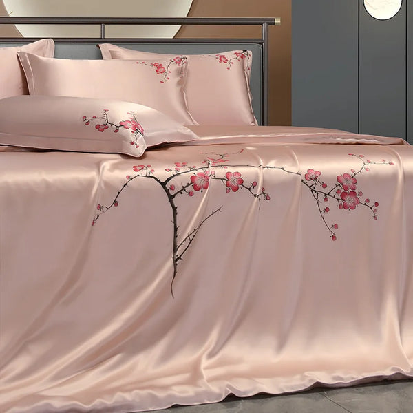 25mm Mulberry Silk Flowers Bedding set Top Grade Luxury Mulberry Silk Soft Duvet Cover Bed sheet 2Pillowcases Double Queen King