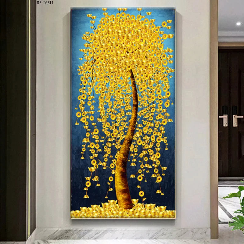 Abstract Golden Rich Tree Money Tree Oil Paintings on Canvas Poster Modern Landscape Wall Art Picture Print Home Decor No Frame