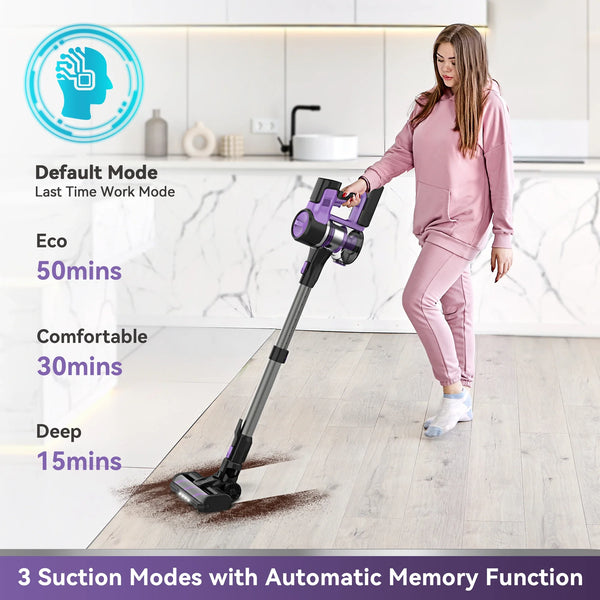 Cordless Vacuum Cleaner, 6-in-1 Stick Vacuum with 30Kpa 350W Suction in use on carpet, highlighting 3 suction modes and automatic memory function.