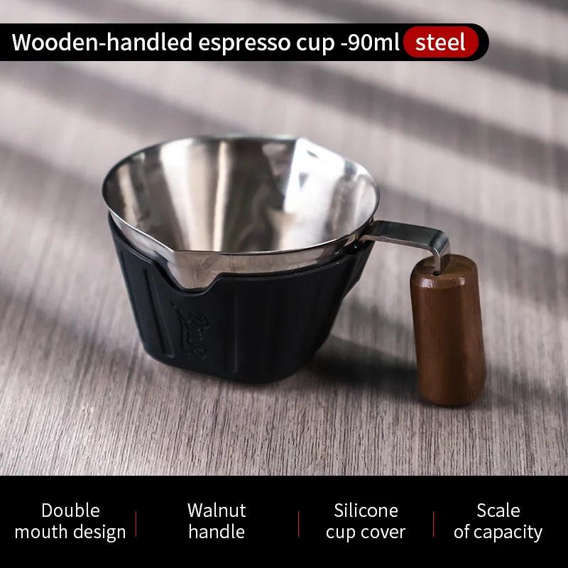 Bincoo Professional Espresso Measuring Cup, 90ml Dual Spout with Wood Handle and ml/oz Scales for Barista-Level Control