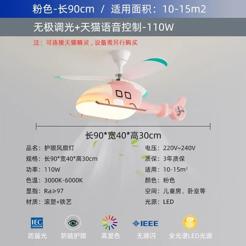 DecorBites™ Helicopter Aircraft Ceiling Fan Children's Chandelier Blue Pink Light Kids' Room Decorbites