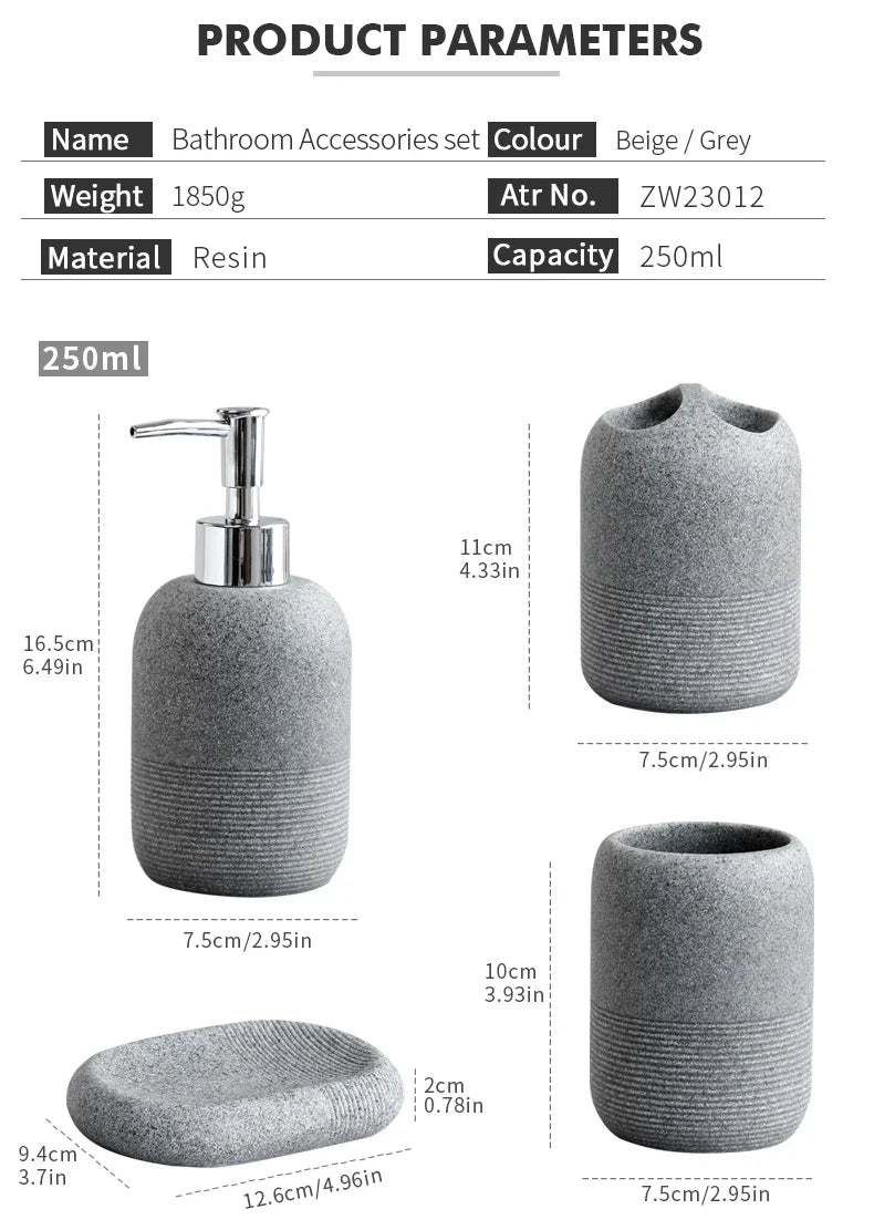 Product dimensions of Buddify's grey 5Pcs Bathroom Accessories set including soap dispenser, tumbler, toothbrush holder, soap dish, and tray.