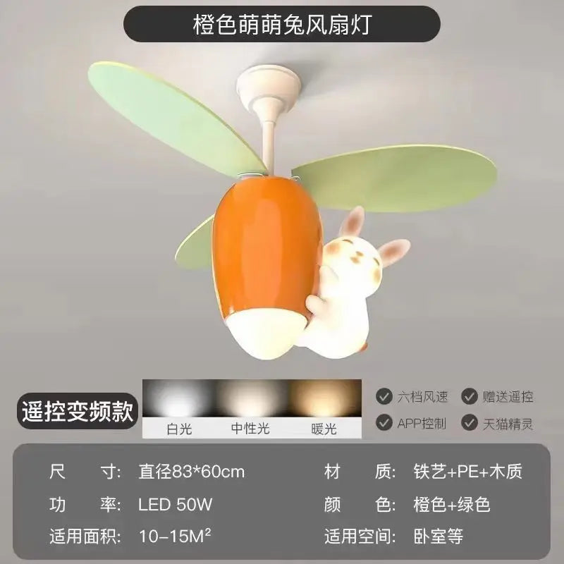 DecorBites™ Kids Room Rabbit Carrot Helicopter Ceiling Fan Lamp Boy Girl Bedroom Decorbites