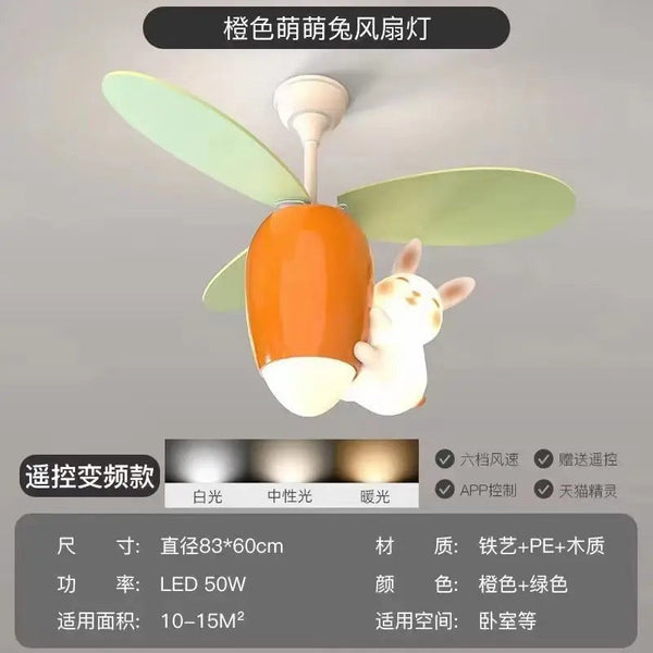 DecorBites™ Kids Room Rabbit Carrot Helicopter Ceiling Fan Lamp Boy Girl Bedroom Decorbites