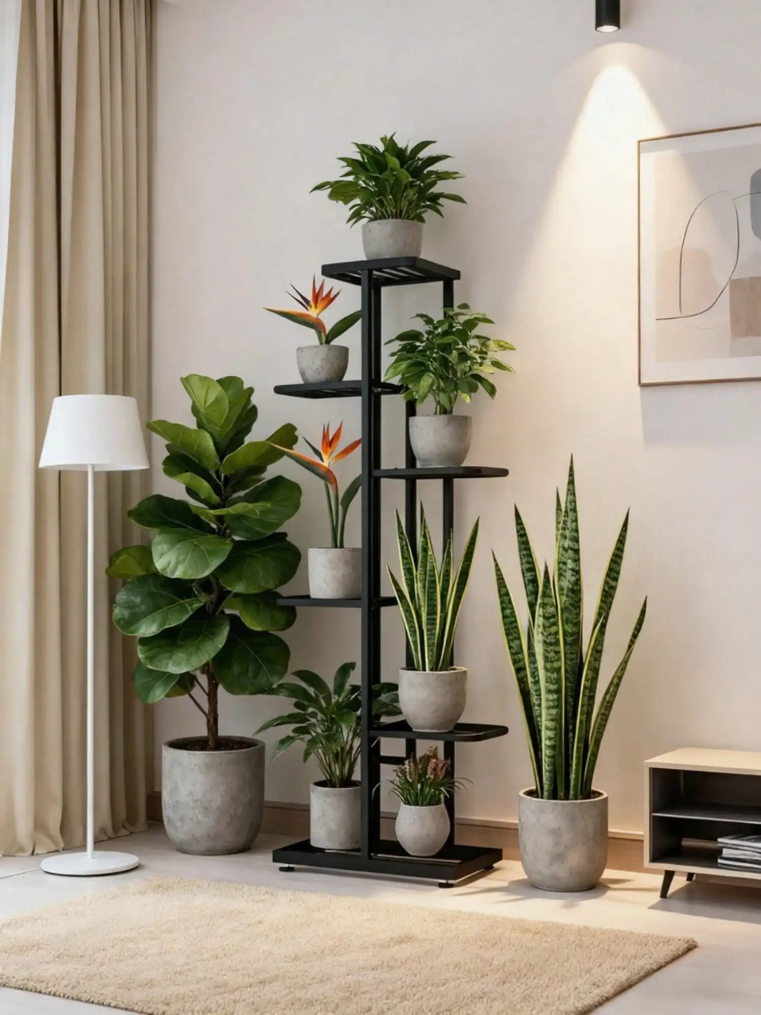 Plant Stand Indoor Modern Black Metal 6 5 4 Tier Tall Vertical Flower Pot Holder Shelf Space Saving Corner Multi Layer Storage Rack For Living Room Balcony Garden Patio Home Decor Housewarming Gift Plant Lovers