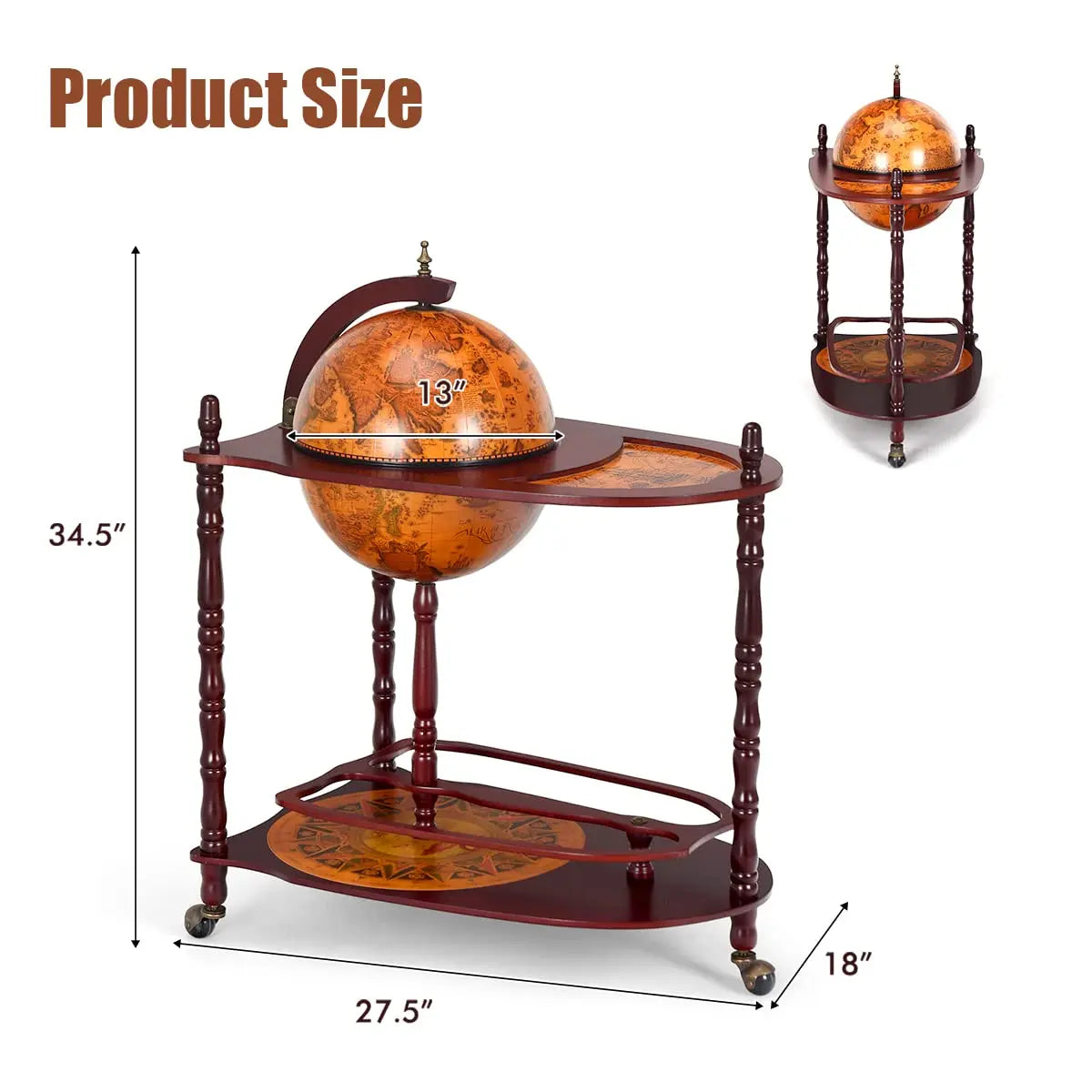 Vintage Globe Bar Cart with Wheels & Shelf, 16th Century Replica Map, Retro Liquor Cabinet for Living Room, 34.5