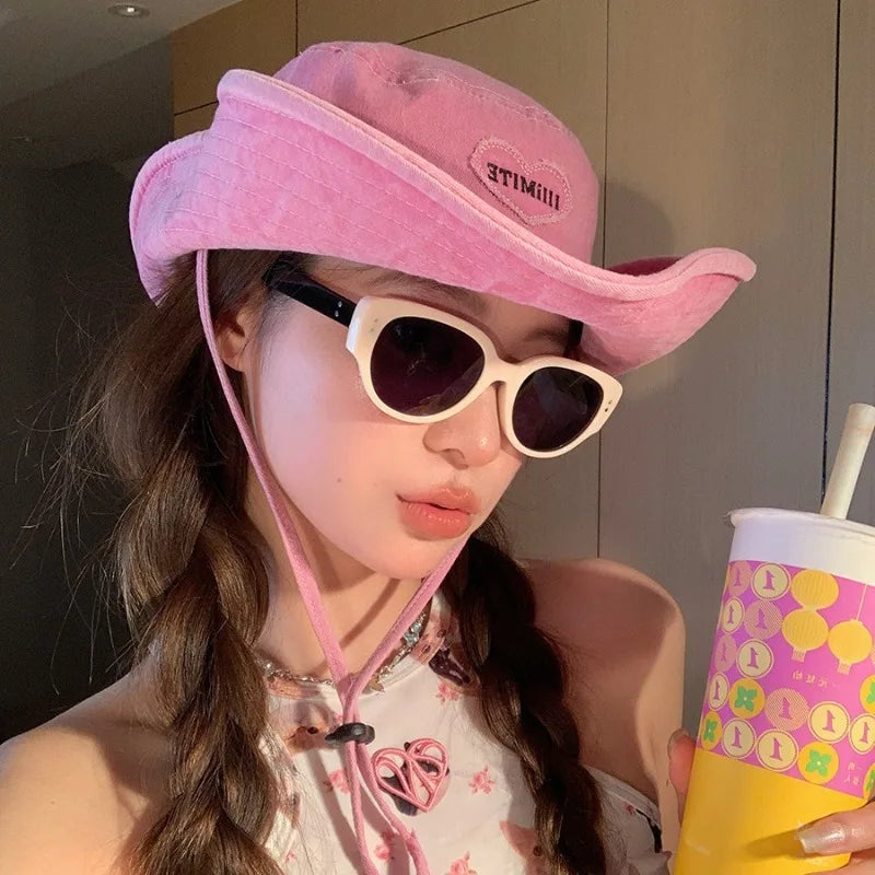 Japanese Retro Washed Cowboy Hats for Women Spring and Summer Outdoor Camping Sun Protection Sweet Pink Love Bucket Caps OneLoveCanada