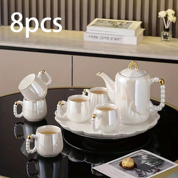 1pc/6pcs/8pcs/set European pearl glazed porcelain tea set - Pearl white porcelain teapot and sugar milk oil teapot