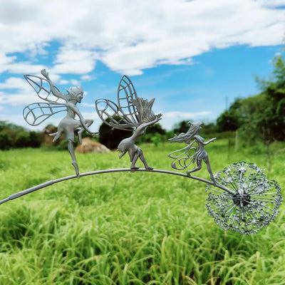 Dancing Fairy Statue Steel Wires Fairy Elf Dandelion Miniature Sculpture Mythical Garden Figurine Fairies Pixies Yard Decor