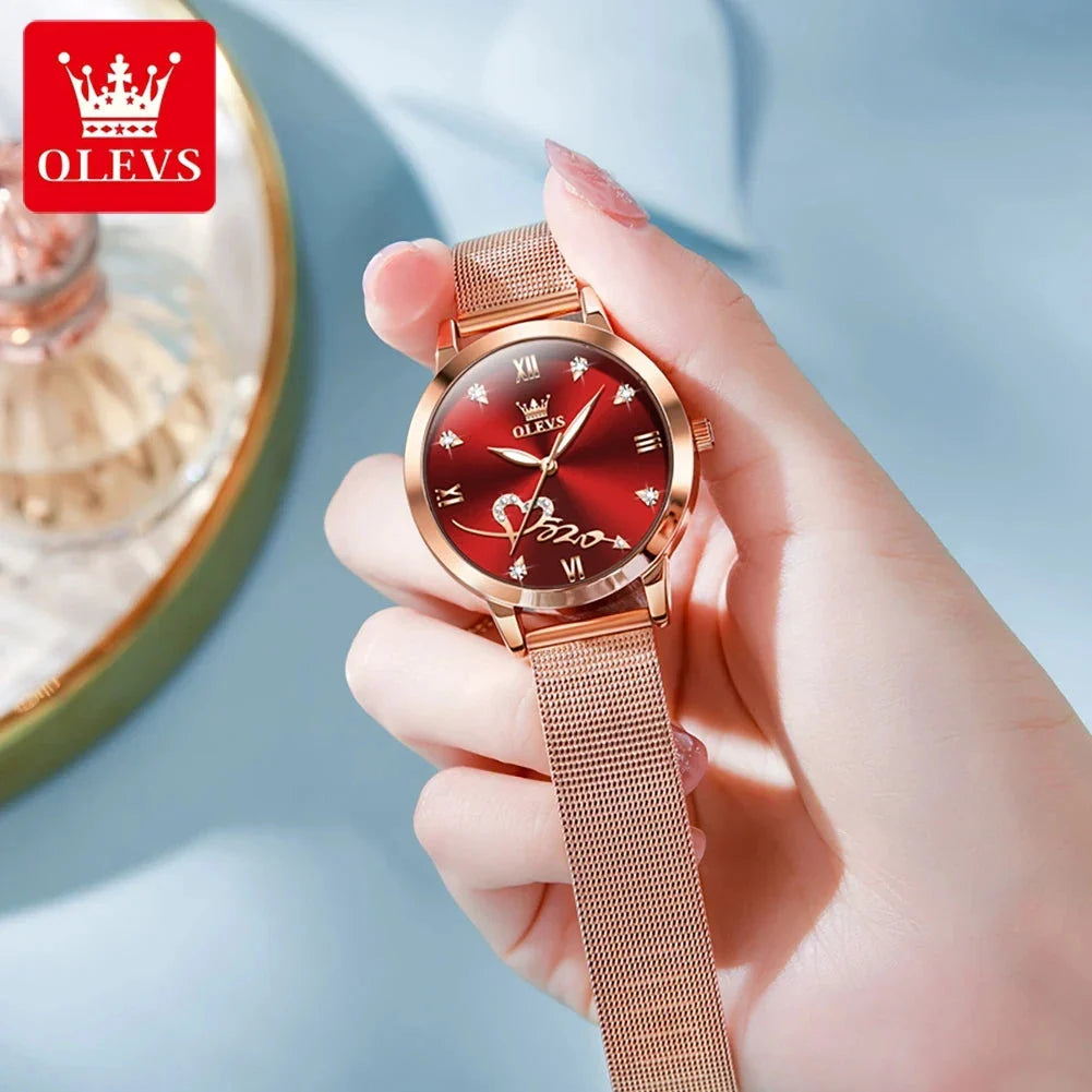 OLEVS Luxury Fashion Ladies' Watches Rose Gold Top Brand Original Quartz Watch for Women Stainless Steel Mesh Strap Love Dial