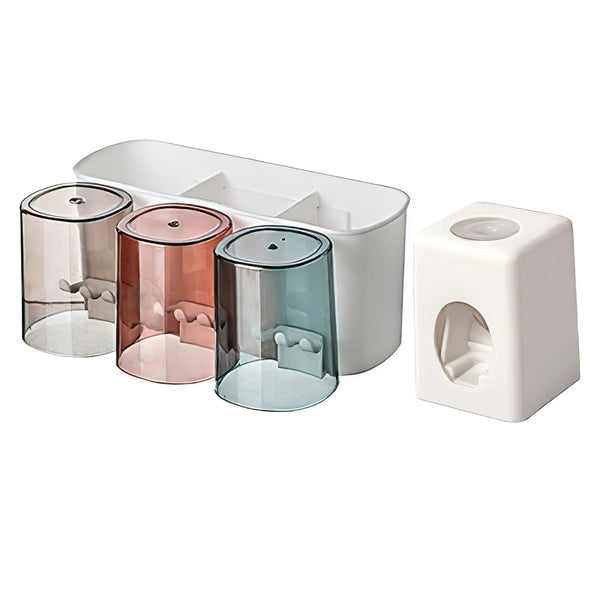 Wall Mounted Automatic Toothpaste Dispenser with Toothbrush Holder No Drilling Multifunctional Bathroom Organiser