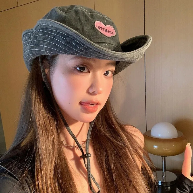Japanese Retro Washed Cowboy Hats for Women Spring and Summer Outdoor Camping Sun Protection Sweet Pink Love Bucket Caps OneLoveCanada
