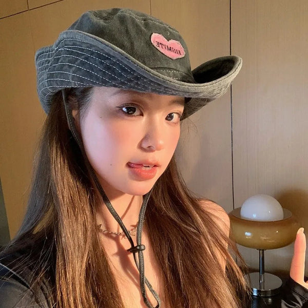 Japanese Retro Washed Cowboy Hats for Women Spring and Summer Outdoor Camping Sun Protection Sweet Pink Love Bucket Caps OneLoveCanada